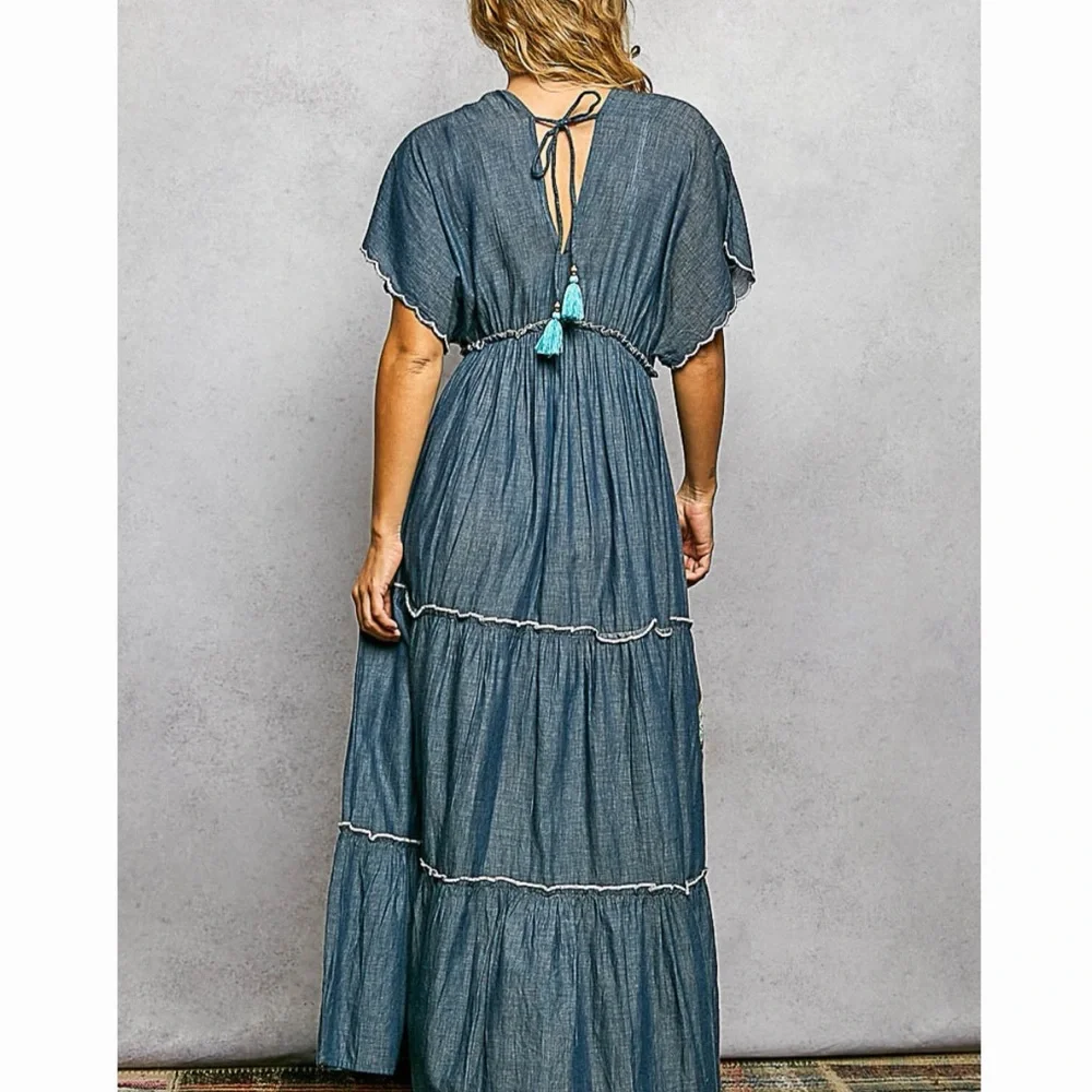 POL Blue Oversized Cotton Embroidered V Neck Maxi Dress w/Gold Detail! - Picture 6 of 7